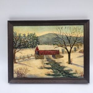 Vintage Oil painting framed bridge barn winter snow river signed